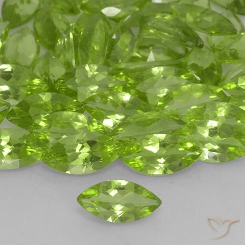 Peridoto Verde Marquesa de 8,1 x 4,1mm - Peso promedio. 0,5 ct cada uno, 8,1 x 4,1mm de Peridoto que se vende por pieza, color Verde vivo claro en claridad VS, piedra preciosa natural No tratado, dureza de Mohs 6.5 - 7 Adecuado para joyas de uso diario, Photo A