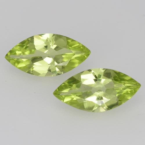 2pc Matching Marquise Peridots in Size 8.1 x 4mm, Weight 0.92ct total / avg. 0.46ct each, Lively Yellowish Green in VVS-VS Clarity, Natural untreated gemstone, Mohs Hardness 6.5 - 7 suitable for daily wear jewelry, Photo A