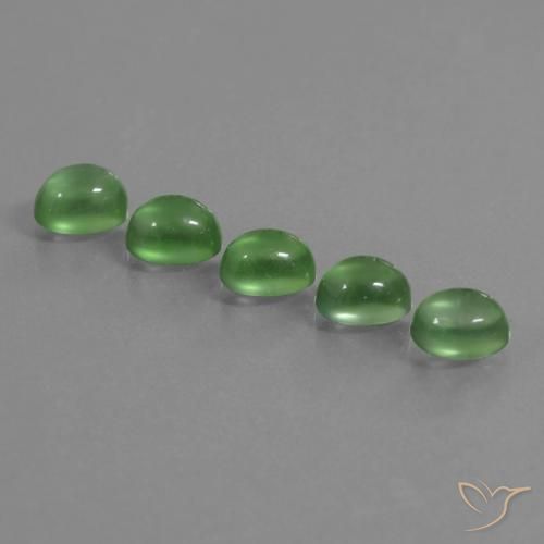Lot of 5pc Oval Green Prehnite from South Africa - Size 7 x 5.4mm, Weight 6.28ct total / avg. 1.26ct each, Color: Medium Green, Mohs Hardness 6 - 6.5, Photo A