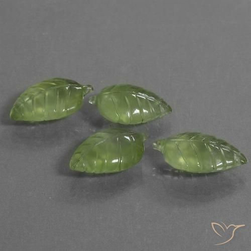 Lot of 4pc Carved Leaf Green Prehnite from South Africa - Size 20.3x12.1 mm, Weight 34.07ct total / avg. 8.52ct each, Color: Pear Green, Mohs Hardness 6 - 6.5, Photo A
