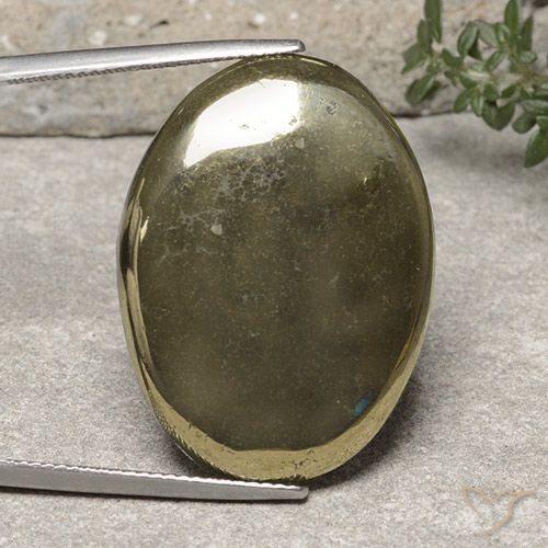 29 x 21,6mm goldener Pyrit im Oval-Cabochon Schliff aus Russland, Gewicht 37,9 ct, Garantiert echter Edelstein in Opaque Reinheit, 1 Stück Pyrit - die Farbe ist Golden, Mohs-Härte von 6 - 6,5, Photo A