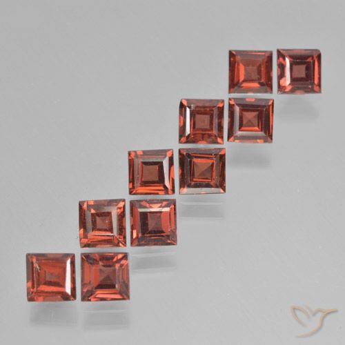Lotto taglio quadrato di 10 pezzi Granato piropo rosso dal Mozambico - peso totale di 4,31 ct / media. 0,43 ct ciascuno, misura 4 x 4mm, colore: Rosso scuro, durezza Mohs 6,5 - 7,5 adatto per gioielli da indossare ogni giorno, Photo A