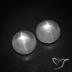 10mm Matching Round Quartz Cat's Eye Pair - Weight 8.87ct total / avg. 4.44ct each, White Color in Transparent Clarity, Natural untreated Gemstone, Mohs Hardness 7 suitable for daily wear jewelry, Photo A