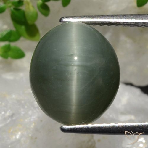 Oeil de Chat Quartz Vert oval cabochon 11,7 x 10,2mm du Sri Lanka, poids de 6,98 ct, pierre gemme naturelle Non traité de pureté Opaque , 1 pièce Oeil de Chat Quartz, couleur : Gris moyen, dureté de Mohs de 7 convient aux bijoux de tous les jours, pierre de sagesse, Photo A