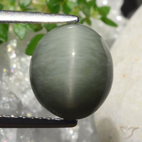 Oeil de Chat Quartz Vert Ovale 10,2 x 8,9mm du Sri Lanka, poids de 4,18 ct, pierre gemme naturelle Non traité de pureté Opaque , 1 pièce Oeil de Chat Quartz oval cabochon, couleur : Gris moyen, dureté de Mohs de 7 convient aux bijoux de tous les jours, pierre de sagesse, Photo A