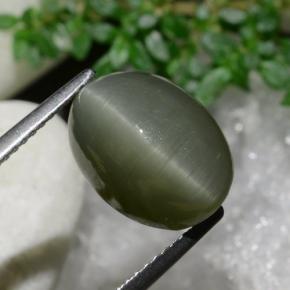 6.97 ct Green Quartz Cat's Eye Stone, Natural Quartz Cat's Eye in Oval Cabochon Shape for Sale
