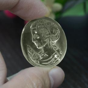30.49 ct Yellow Quartz Gemstone, Quartz Gem in Oval Carved Cameo Shape for Sale.