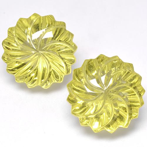 2 pezzi Quarzo taglio fiore abbinati di dimensioni 14,9 x 14,8mm, peso 24,54 ct totali / media. 12,27 ct ciascuno, Giallo mais chiaro in purezza Transparent, pietra preziosa naturale , durezza Mohs 7 adatto per gioielli da indossare ogni giorno, Photo A