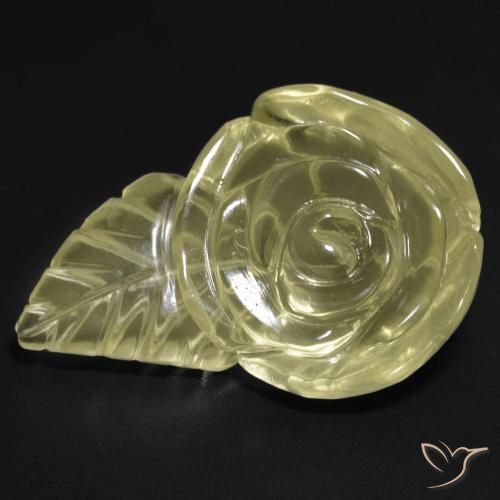27,4x18,2 mm gelber Quarz im Geschnitzte Rose aus Brasilien, Gewicht 21,3 ct, Garantiert echter Edelstein in Transparent Reinheit, 1 Stück Quarz - die Farbe ist Blasses Gelb, Mohs-Härte von 7 Geeignet für den täglichen Gebrauch im Schmuck, Photo A