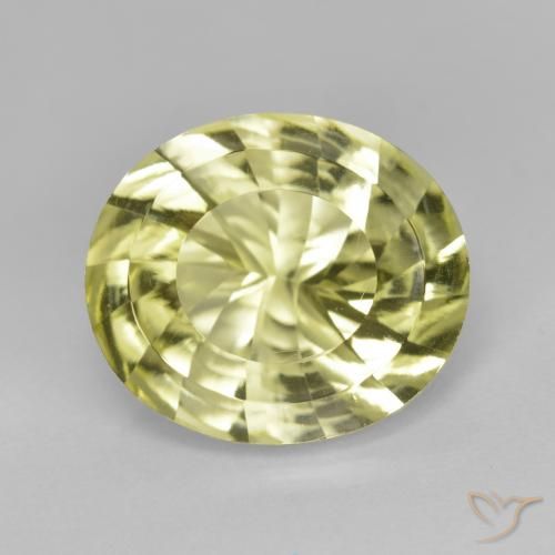 14.1 x 12.1mm Oval Yellow Quartz from Brazil, Weight of 6.51ct, Natural irradiated Gemstone in VVS Clarity, 1pc Oval Concave Cut Quartz - Color: Greenish Yellow, Mohs Hardness of 7 suitable for daily wear jewelry, Photo A