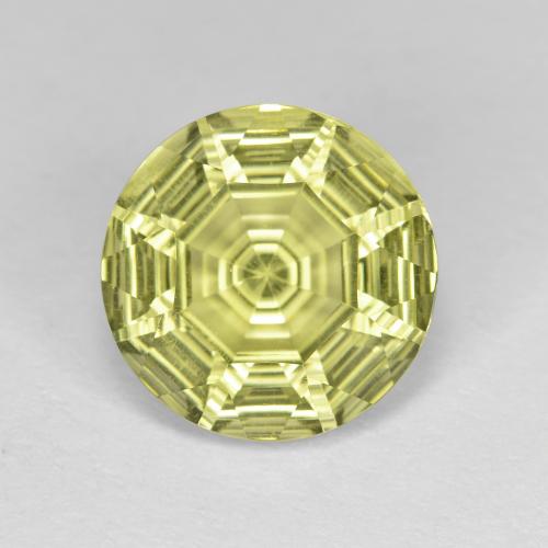 10.1mm Round Yellow Quartz from Brazil, Weight of 3.52ct, Natural irradiated Gemstone in VVS Clarity, 1pc Round Concave Cut Quartz - Color: Greenish Yellow, Mohs Hardness of 7 suitable for daily wear jewelry, Photo A