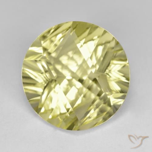 15.1mm Round Concave Cut Yellow Quartz from Brazil, Weight of 9.92ct, Natural irradiated gemstone in VVS Clarity, 1pc Quartz - the Color is Greenish Yellow, Mohs Hardness of 7 suitable for daily wear jewelry, Photo A