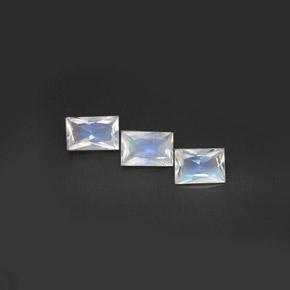 3pc Baguette Bluish White Rainbow Moonstone Lot from India - Weight 1.39ct total / avg. 0.46ct each, Size 6.2 x 4mm, Color: Bluish White, Mohs Hardness 6 - 6.5, Photo A