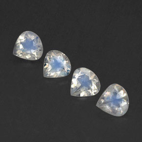 Lot de 4pc pièces de Pierre de Lune Arc en Ciels Blanc bleuâtre Poire de l'Inde, taille 5 x 4,9mm, poids total 1,35 ct / moyenne 0,34 ct chaque, dureté de Mohs 6 à 6.5, Photo A