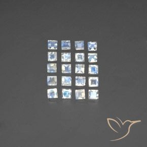 Lot de 20pc pièces de Pierre de Lune Arc en Ciels Blanc bleuâtre Carré de l'Inde, taille 3 x 2,9mm, poids total 3,16 ct / moyenne 0,16 ct chaque, dureté de Mohs 6 à 6.5, Photo A
