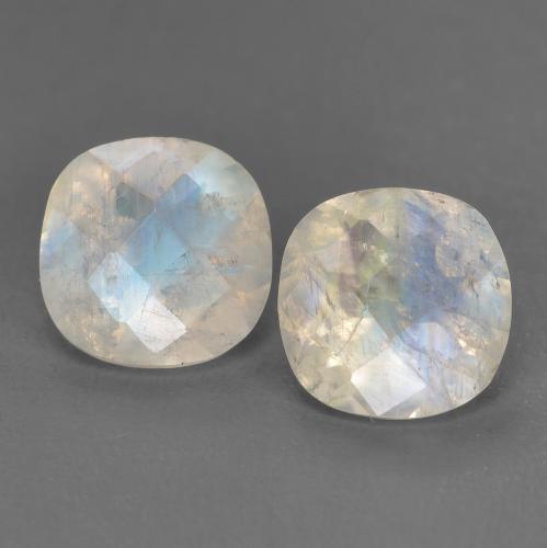 6 x 6mm Matching Cushion Rainbow Moonstone Pair - Weight 1.47ct total / avg. 0.74ct each, Natural untreated Gemstone, Bluish White Color in Translucent Clarity, Mohs Hardness 6 - 6.5, Photo A