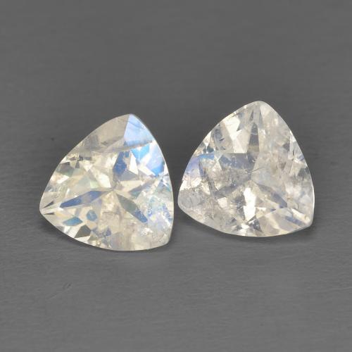 6.1 x 6mm Matching Trillion Rainbow Moonstone Pair - Weight 1.28ct total / avg. 0.64ct each, Natural untreated Gemstone, Bluish White Color in Transparent Clarity, Mohs Hardness 6 - 6.5, Photo A