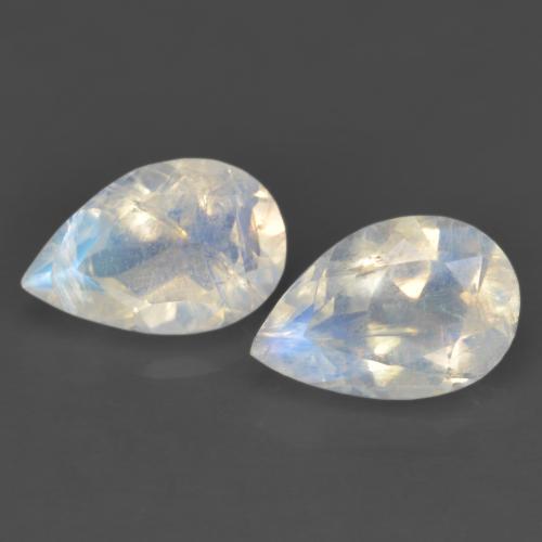 2pc Matching Pear White Rainbow Moonstones in Size 8.1 x 5.4mm, Weight 1.81ct total / avg. 0.91ct each, Bluish White in Transparent Clarity, Natural untreated Gemstone, Mohs Hardness 6 - 6.5, Photo A