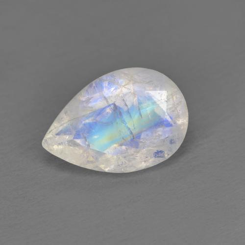 1.36ct Pear Facet White Rainbow Moonstone from India, Dimension 9.2 x 6.3mm, Natural untreated Gemstone, Transparent Clarity, 1 piece Rainbow Moonstone in Bluish White Color, Mohs Hardness of 6 - 6.5, Photo A