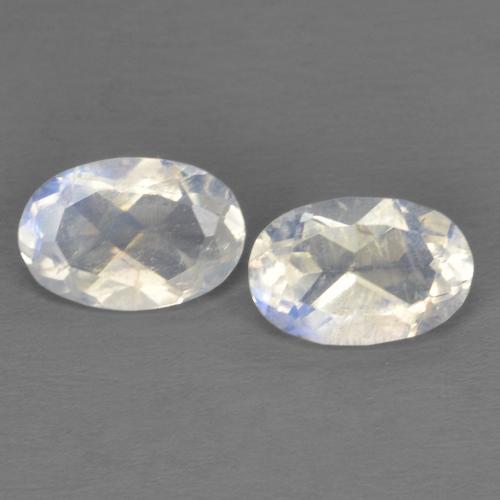 2pc Matching Oval White Rainbow Moonstones in Size 6 x 4mm, Weight 0.85ct total / avg. 0.43ct each, Bluish White in Transparent Clarity, Natural untreated Gemstone, Mohs Hardness 6 - 6.5, Photo A