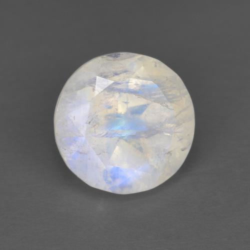 7.1mm Round White Rainbow Moonstone from India, Weight of 1.32ct, Natural untreated Gemstone in Translucent Clarity, 1pc Round Facet Rainbow Moonstone - Color: Bluish White, Mohs Hardness of 6 - 6.5, Photo A