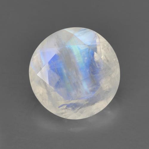 Pierre de Lune Arc en Ciel Blanc Tour 9,2mm de l'Inde, poids de 2,41 ct, pierre gemme naturelle Non traité de pureté Transparent, 1 pièce Pierre de Lune Arc en Ciel round facet, couleur : Blanc bleuâtre, dureté de Mohs de 6 à 6.5, Photo A