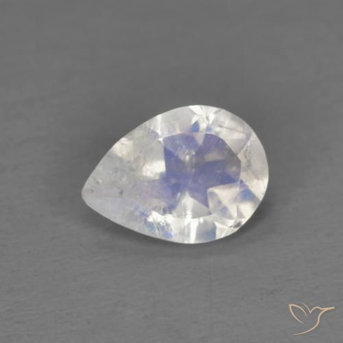 Pierre de Lune Arc en Ciel Blanc pear facet 6,9 x 5mm de l'Inde, poids de 0,57 ct, pierre gemme naturelle Non traité de pureté Transparent, 1 pièce Pierre de Lune Arc en Ciel, couleur : Blanc bleuâtre, dureté de Mohs de 6 à 6.5, Photo A