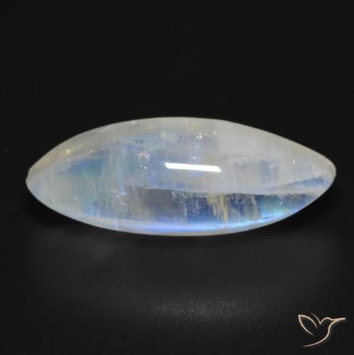 Pierre de Lune Arc en Ciel Blanc marquise cabochon 9,26 ct des Etats-Unis, dimension 22,7 x 8,6mm, pierre gemme naturelle Non traité, pureté Transparent, 1 pièce Pierre de Lune Arc en Ciel de couleur Blanc bleuâtre, dureté Mohs de 6 à 6.5, Photo A