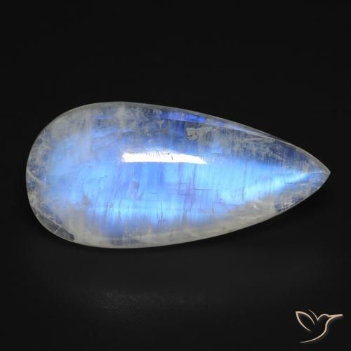 Pierre de Lune Arc en Ciel Blanc pear cabochon 10,97 ct des Etats-Unis, dimension 23,4 x 11,3mm, pierre gemme naturelle Non traité, pureté Transparent, 1 pièce Pierre de Lune Arc en Ciel de couleur Blanc bleuâtre, dureté Mohs de 6 à 6.5, Photo A