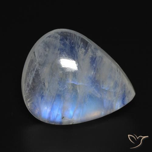 Pierre de Lune Arc en Ciel Blanc bleuâtre Poire 12,82 ct des Etats-Unis, Dimension 17,7 x 14,8mm, Pierre gemme naturelle Non traité, pureté Transparent, 1 pièce Pierre de Lune Arc en Ciel pear cabochon, dureté de Mohs de 6 à 6.5, Photo A