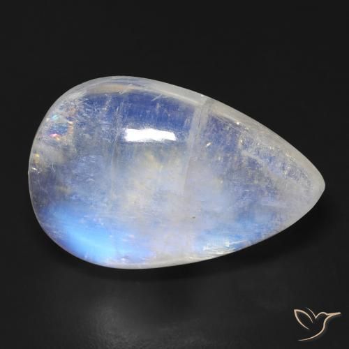 Pierre de Lune Arc en Ciel Blanc pear cabochon 19 ct des Etats-Unis, dimension 22,9 x 14,8mm, pierre gemme naturelle Non traité, pureté Transparent, 1 pièce Pierre de Lune Arc en Ciel de couleur Blanc bleuâtre, dureté Mohs de 6 à 6.5, Photo A
