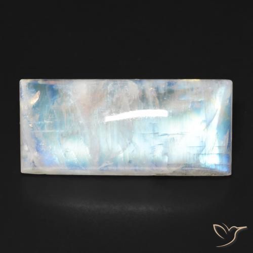 Pierre de Lune Arc en Ciel Blanc Baquette 23,8 x 10,7mm des Etats-Unis, poids de 15,17 ct, pierre gemme naturelle Non traité de pureté Transparent, 1 pièce Pierre de Lune Arc en Ciel baguette cabochon, couleur : Blanc bleuâtre, dureté de Mohs de 6 à 6.5, Photo A