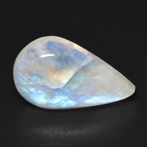 Pierre de Lune Arc en Ciel Blanc pear cabochon 19,2 x 11,5mm des Etats-Unis, poids de 8,57 ct, pierre gemme naturelle Non traité de pureté Transparent, 1 pièce Pierre de Lune Arc en Ciel, couleur : Blanc bleuâtre, dureté de Mohs de 6 à 6.5, Photo A