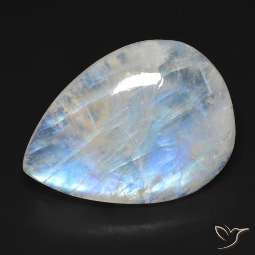 Pierre de Lune Arc en Ciel Blanc Poire 24,6 x 18,1mm des Etats-Unis, poids de 17,01 ct, pierre gemme naturelle Non traité de pureté Transparent, 1 pièce Pierre de Lune Arc en Ciel pear cabochon, couleur : Blanc bleuâtre, dureté de Mohs de 6 à 6.5, Photo A