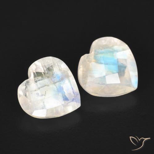 1.31 ctw White Rainbow Moonstone Stones, Natural Rainbow Moonstone in Heart Checkerboard Shape for Sale