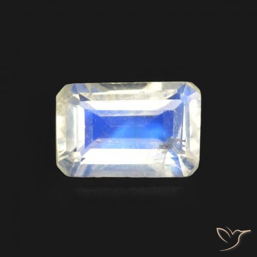 0.57ct Natural Bluish White Rainbow Moonstone, Emerald Cut, Transparent