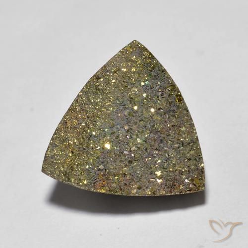 6,36 ct trillionenschliff mehrfarbiger Regenbogen-Pyrit aus Russland, Größe 13 x 12,6mm, natürlicher Edelstein, Opaque Reinheit, 1 Stück trillionenschliff Regenbogen-Pyrit, Mohs-Härte von 6 - 6,5 , Photo A