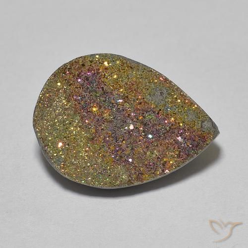 15,8 x 11,7mm mehrfarbiger Regenbogen-Pyrit im Tropfen Kristall-Cluster aus Russland, Gewicht 6,65 ct, Garantiert echter Edelstein in Opaque Reinheit, 1 Stück Regenbogen-Pyrit - die Farbe ist Mehrfarbig, Mohs-Härte von 6 - 6,5, Photo A