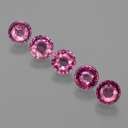 Set aus 5 Stück runder Rhodolit-Granat in lila Farbe aus Mosambik - Größe 5,1mm, Gewicht 2,88 ct gesamt / Durchschn. je 0,58 ct, Farbe: Tieflila, Mohs-Härte 6,5 - 7,5 Geeignet für den täglichen Gebrauch im Schmuck, Photo A