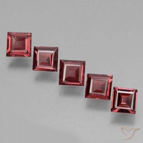 Lotto taglio quadrato di 5 pezzi Granato di rodolite rosso dal Mozambico - peso totale di 2,77 ct / media. 0,55 ct ciascuno, misura 4,9 x 4,8mm, colore: Rosso scuro, durezza Mohs 6,5 - 7,5 adatto per gioielli da indossare ogni giorno, Photo A
