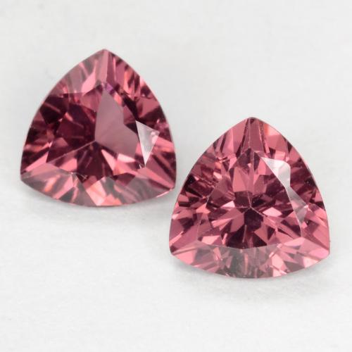 5.3 x 5.2mm Matching Trillion Rhodolite Garnet Pair - Weight 1.09ct total / avg. 0.55ct each, Dark Red Color in VS Clarity, Natural untreated Gemstone, Mohs Hardness 6.5 - 7.5 suitable for daily wear jewelry, Photo A