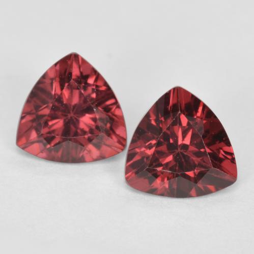 2pc Matching Trillion Rhodolite Garnets in Size 5.3 x 5.2mm, Weight 1.14ct total / avg. 0.57ct each, Dark Red in VS Clarity, Natural untreated gemstone, Mohs Hardness 6.5 - 7.5 suitable for daily wear jewelry, Photo A