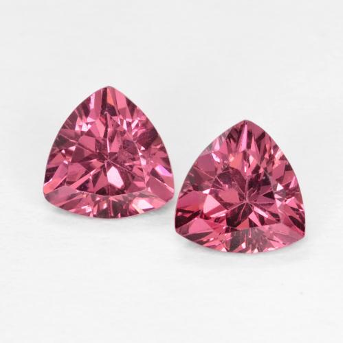 2pc Matching Trillion Rhodolite Garnets in Size 5.2 x 5.2mm, Weight 1.12ct total / avg. 0.56ct each, Medium Red in VS Clarity, Natural untreated gemstone, Mohs Hardness 6.5 - 7.5 suitable for daily wear jewelry, Photo A