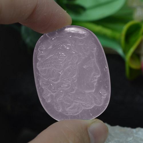 Very Light Pink Tone Rose Quartz Gem - 63.6ct Cushion Carved Medusa Cameo (ID: 240211)