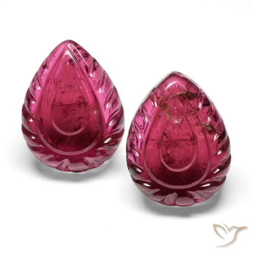 Matching Pair of 18 x 14.1mm Carved Pear Purple Rubellite Tourmaline, Weight of 27.43ct total / avg. 13.72ct each, Matching Rubellite Tourmaline Pair in Translucent Clarity in Deep Magenta Color, Natural untreated gemstone, Mohs Hardness 7 - 7.5 suitable for daily wear jewelry, Gem-Lab Certified, Photo A
