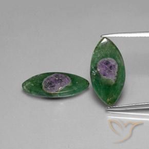 Paire Rubis en Fuchsite Marquise 19,2 x 9,8mm assorties - Poids total 10,12 ct / moyenne 5,06 ct chacune, couleur Multicolore et pureté Translucide, pierre gemme naturelle Non traité, dureté de Mohs 2 à 3, Photo A