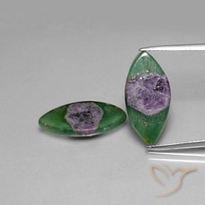 2 Rubis en Fuchsites Marquise assorties de 20,2 x 9,9mm, poids total de 10,19 ct / moyenne de 5,1 ct chacune, Multicolore à pureté Translucide, pierre gemme naturelle Non traité, dureté Mohs de 2 à 3, Photo A