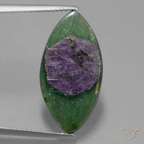 Rubis en Fuchsite Multicolore marquise slice 6,24 ct d'Éthiopie, dimension 23,8 x 12mm, pierre gemme naturelle Non traité, pureté Translucide, 1 pièce Rubis en Fuchsite de couleur Multicolore, dureté Mohs de 2 à 3, Photo A