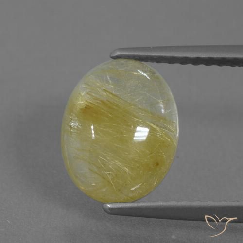 10.1 x 8mm Oval Cabochon Yellow Rutile Quartz from India, Weight of 2.8ct, Natural untreated gemstone in Translucent Clarity, 1pc Rutile Quartz - the Color is Medium Yellow, Mohs Hardness of 7 suitable for daily wear jewelry, Photo A