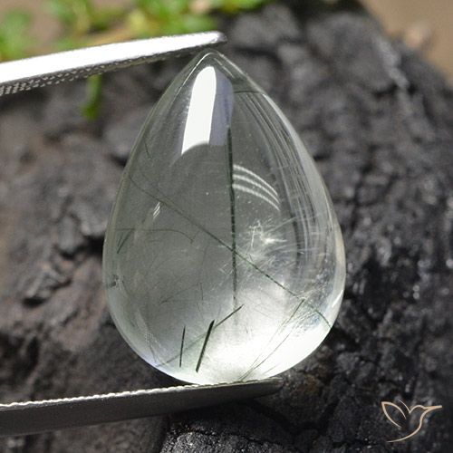15.25 ct Green Rutile Quartz Gemstone, Rutile Quartz Gem in Pear Cabochon Shape for Sale.